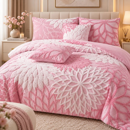Lenjerie de Pat Cocolino Floria 6 Piese – Flori in Relief, Cearsaf cu Elastic | Roz