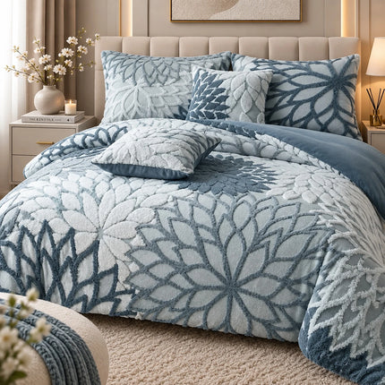 Lenjerie de Pat Cocolino Floria 6 Piese – Flori in Relief, Cearsaf cu Elastic | Albastru