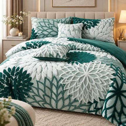 Lenjerie de Pat Cocolino Floria 6 Piese – Flori in Relief, Cearsaf cu Elastic | Verde Smarald